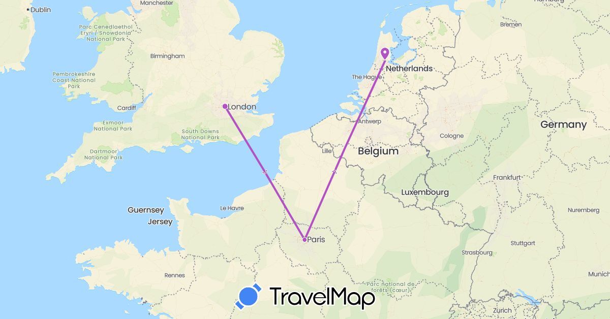 TravelMap itinerary: driving, train in France, United Kingdom, Netherlands (Europe)